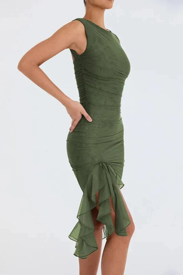 Womens Sleeveless Midi Dress with Ruched Body and Asymmetrical Hem