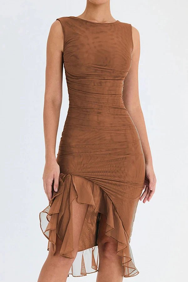 Womens Sleeveless Midi Dress with Ruched Body and Asymmetrical Hem