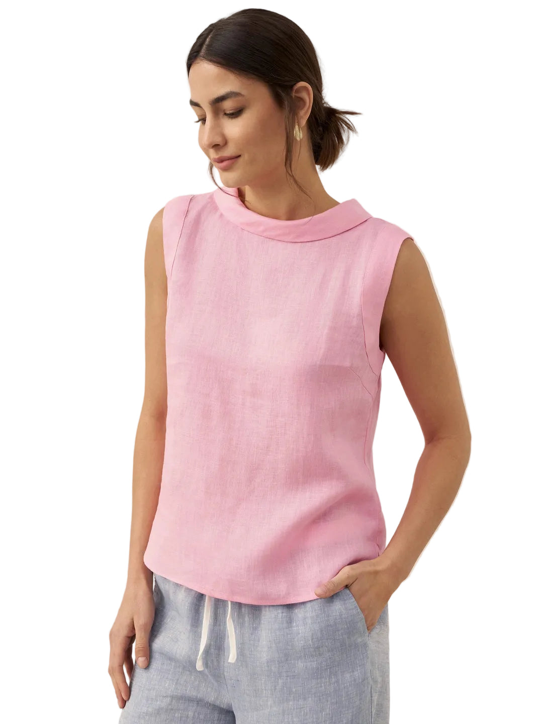 Women’s Sleeveless Top with High Neck and Structured Collar