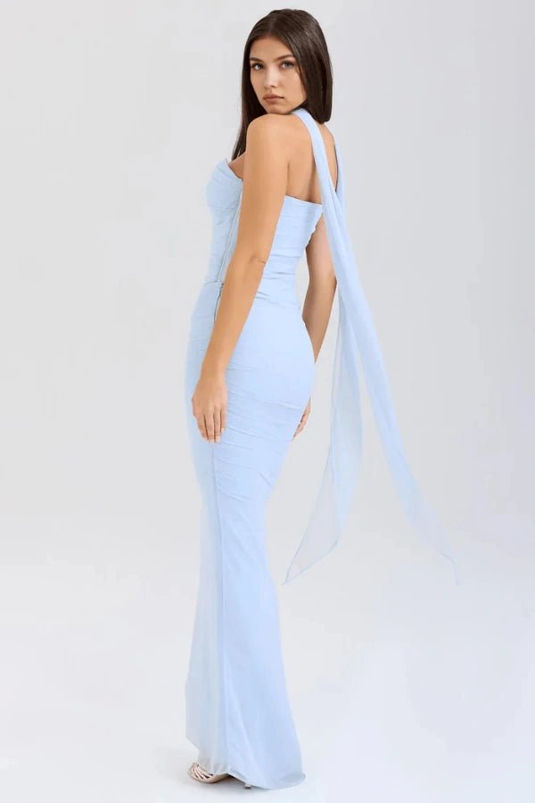 Womens Strapless Maxi Dress with Choker Neck Detail