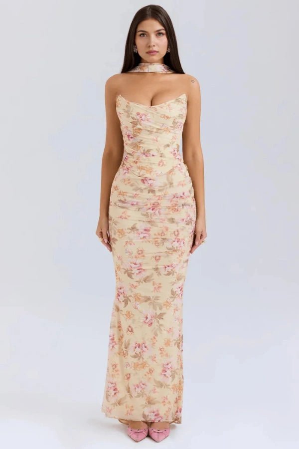 Womens Strapless Maxi Dress with Choker Neck Detail