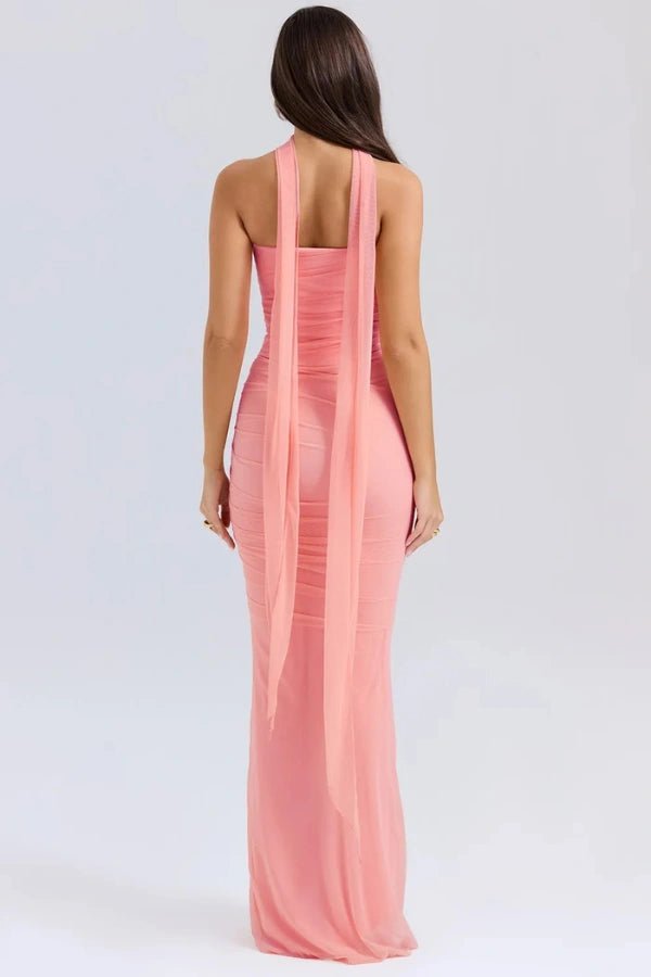 Womens Strapless Maxi Dress with Choker Neck Detail