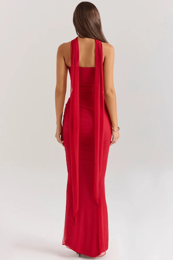 Womens Strapless Maxi Dress with Choker Neck Detail