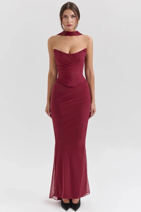 Womens Strapless Maxi Dress with Choker Neck Detail