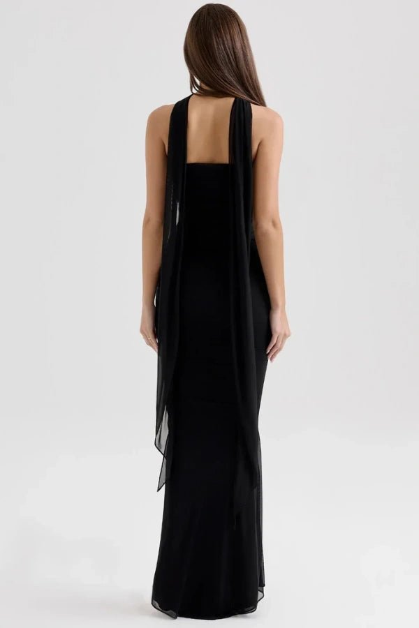 Womens Strapless Maxi Dress with Choker Neck Detail