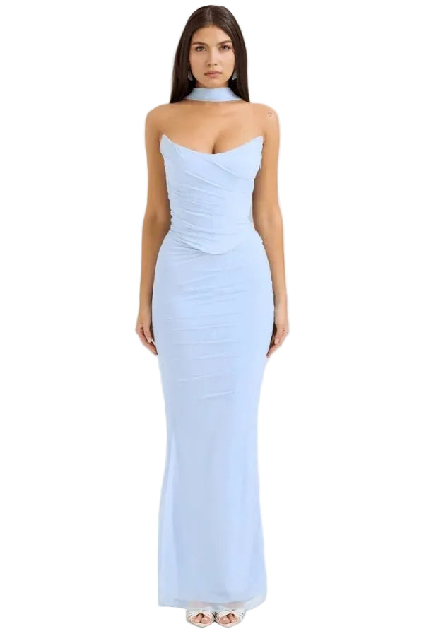 Womens Strapless Maxi Dress with Choker Neck Detail