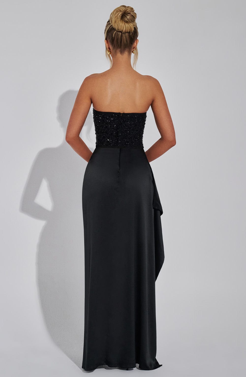 Womens Strapless Maxi Dress with High Slit and Draped Skirt