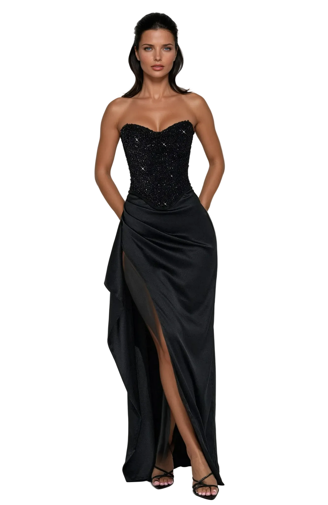 Womens Strapless Maxi Dress with High Slit and Draped Skirt