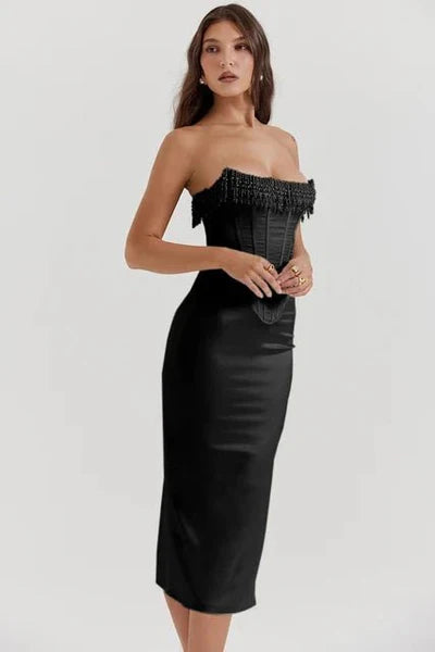 Womens Strapless Midi Dress with Fringe Trim and Structured Bodice