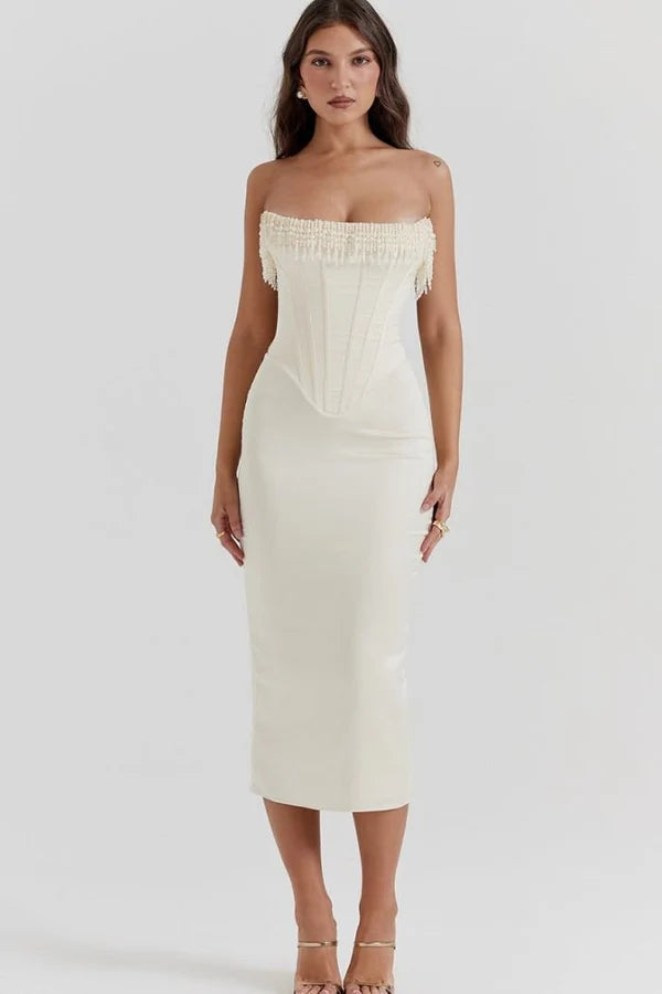 Womens Strapless Midi Dress with Fringe Trim and Structured Bodice