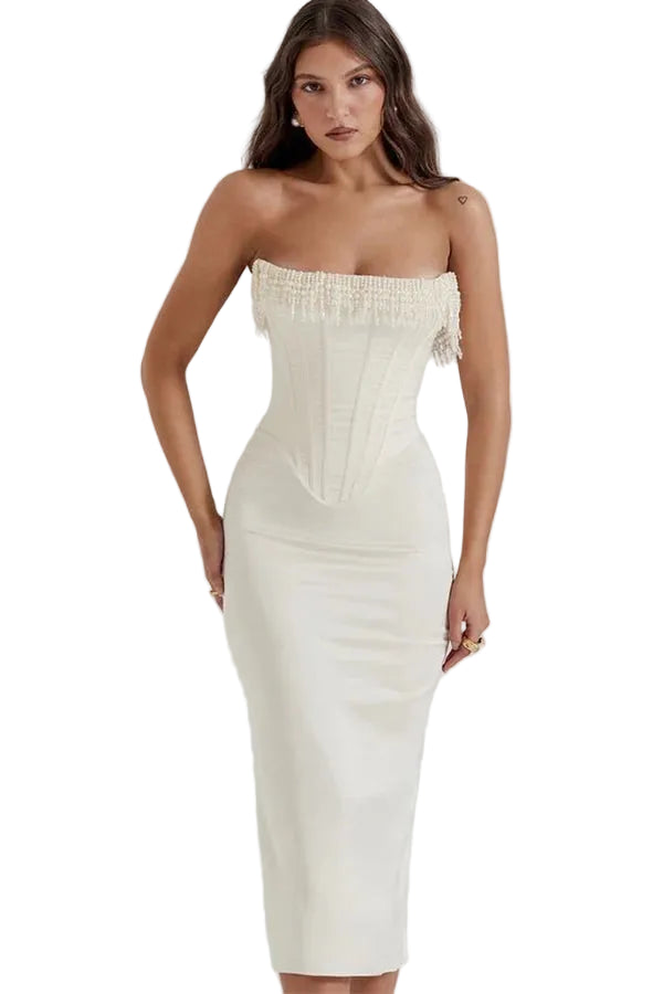 Womens Strapless Midi Dress with Fringe Trim and Structured Bodice