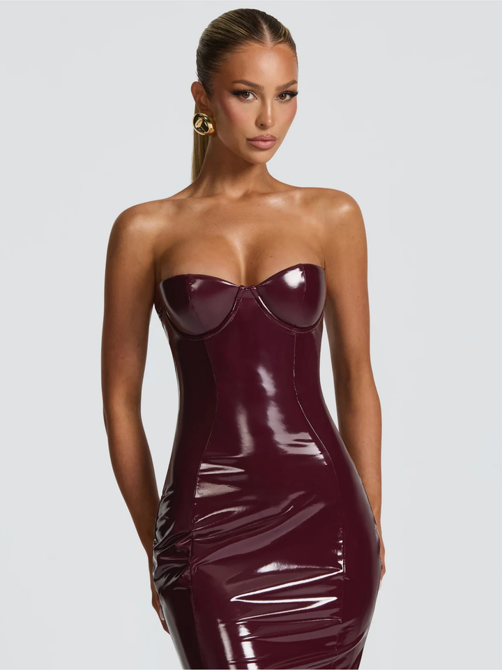 Womens Strapless Midi Dress with Structured Bodice