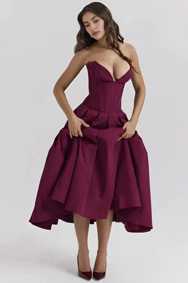 Womens Strapless Midi Dress with Structured Bodice and Pleated Skirt