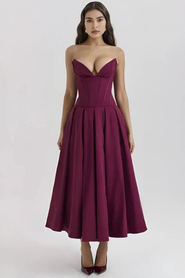 Womens Strapless Midi Dress with Structured Bodice and Pleated Skirt