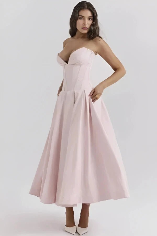 Womens Strapless Midi Dress with Structured Bodice and Pleated Skirt