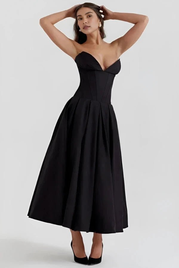 Womens Strapless Midi Dress with Structured Bodice and Pleated Skirt