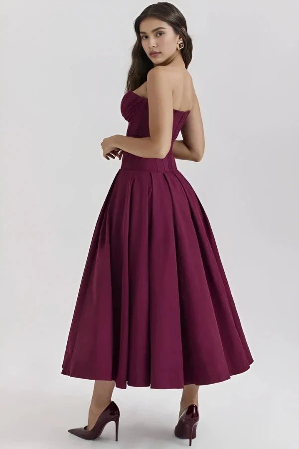 Womens Strapless Midi Dress with Structured Bodice and Pleated Skirt