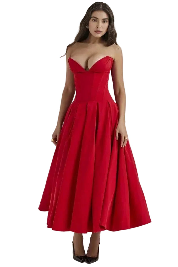 Womens Strapless Midi Dress with Structured Bodice and Pleated Skirt