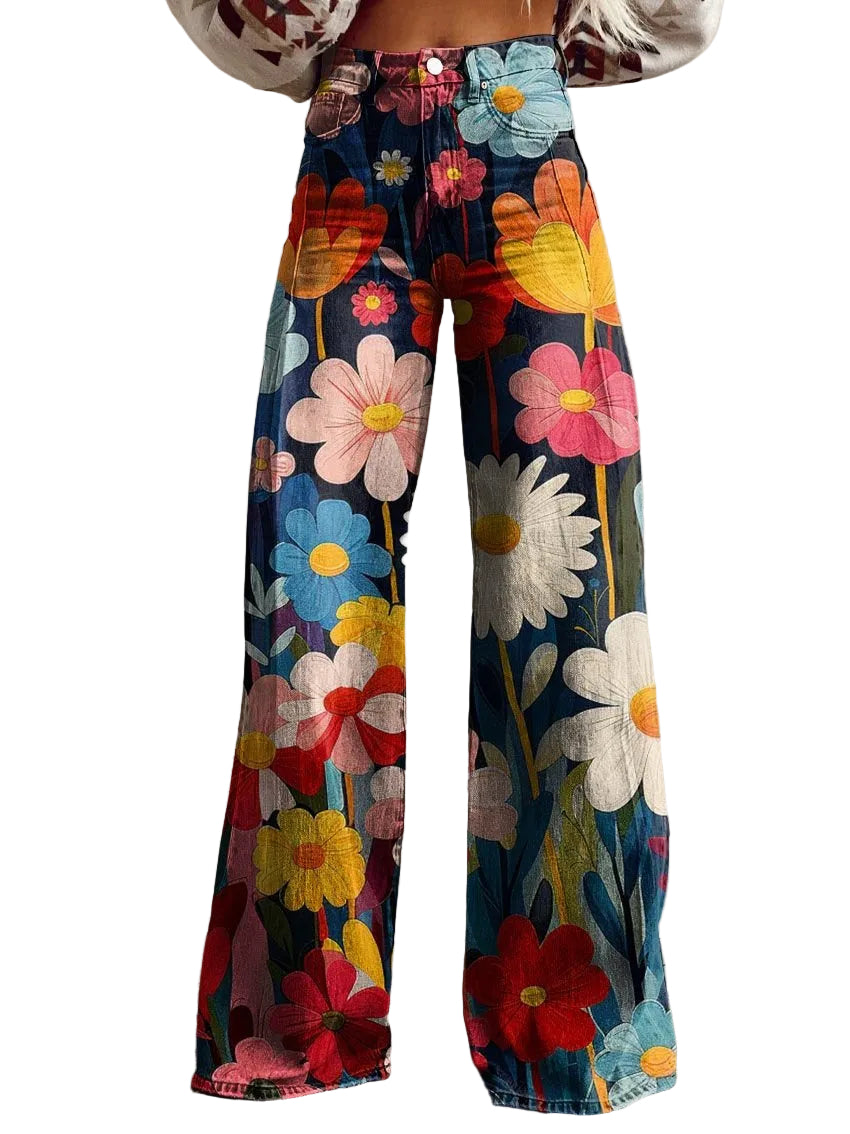 Women’s Wide Leg Pants with High Waist and Floral Pattern