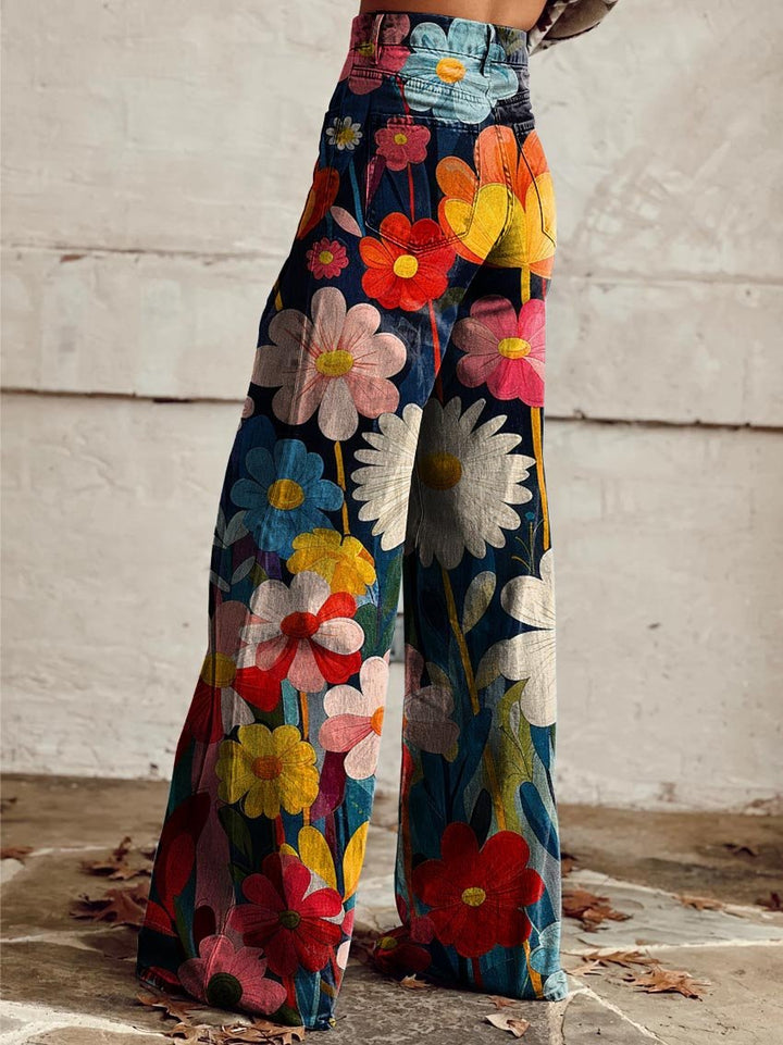 Women’s Wide Leg Pants with High Waist and Floral Pattern