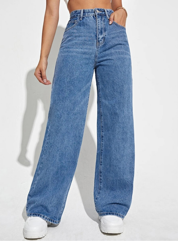 Women's High-Waisted Wide-Leg Trousers with Button Closure and Front Pockets