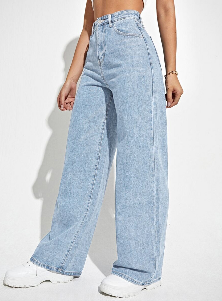Women's High-Waisted Wide-Leg Trousers with Button Closure and Front Pockets
