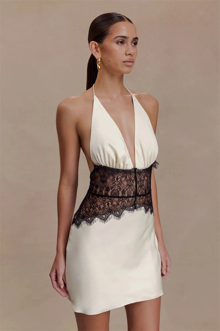 Women’s Halter Neck Lace Waist Mini Dress