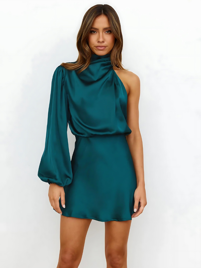 Women’s Asymmetric High Neck One Sleeve Mini Dress