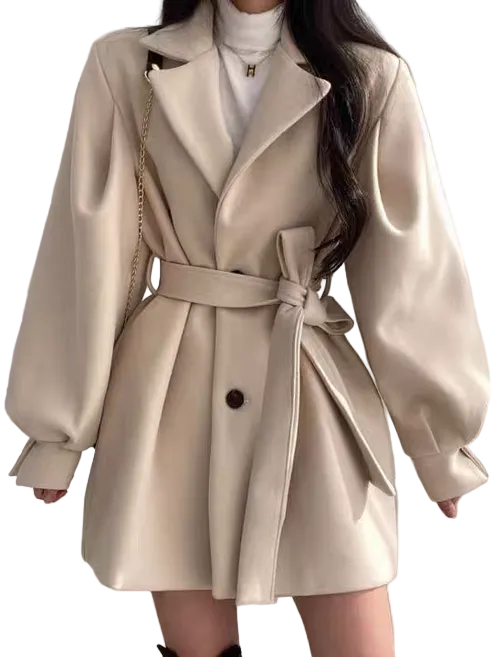 Women’s Belted Long Sleeve Coat with Lapel Collar