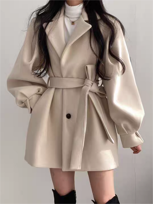 Women’s Belted Long Sleeve Coat with Lapel Collar