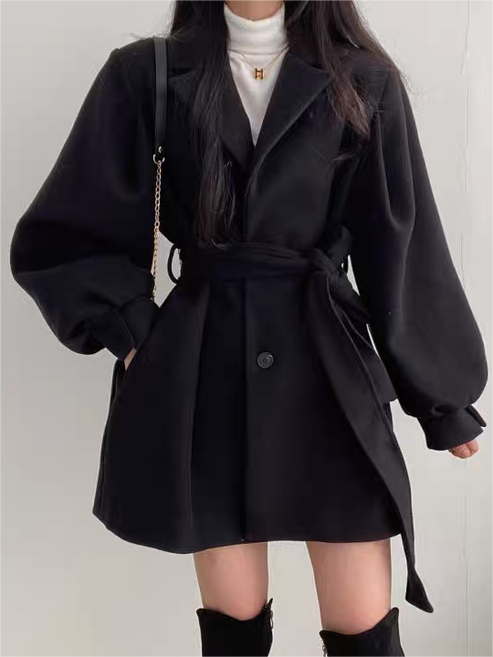 Women’s Belted Long Sleeve Coat with Lapel Collar