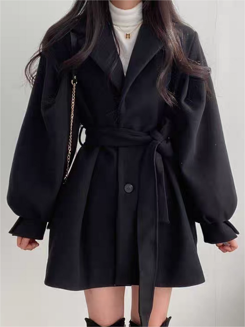 Women’s Belted Long Sleeve Coat with Lapel Collar