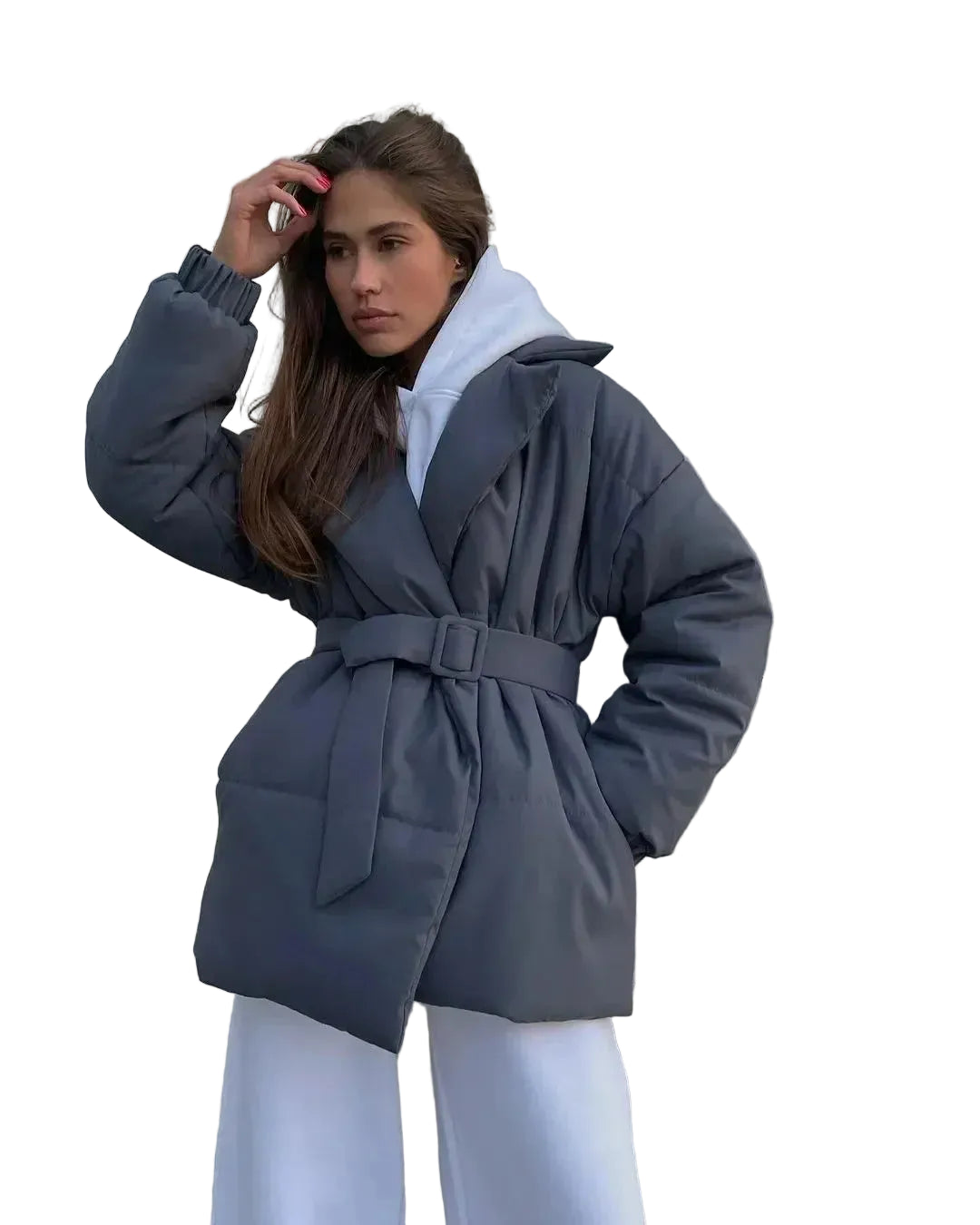 Women’s Belted Puffer Jacket with Shawl Collar