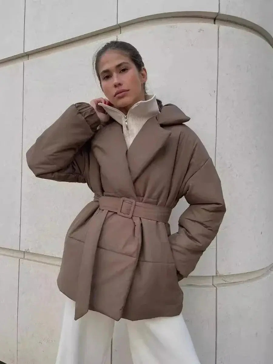 Women’s Belted Puffer Jacket with Shawl Collar