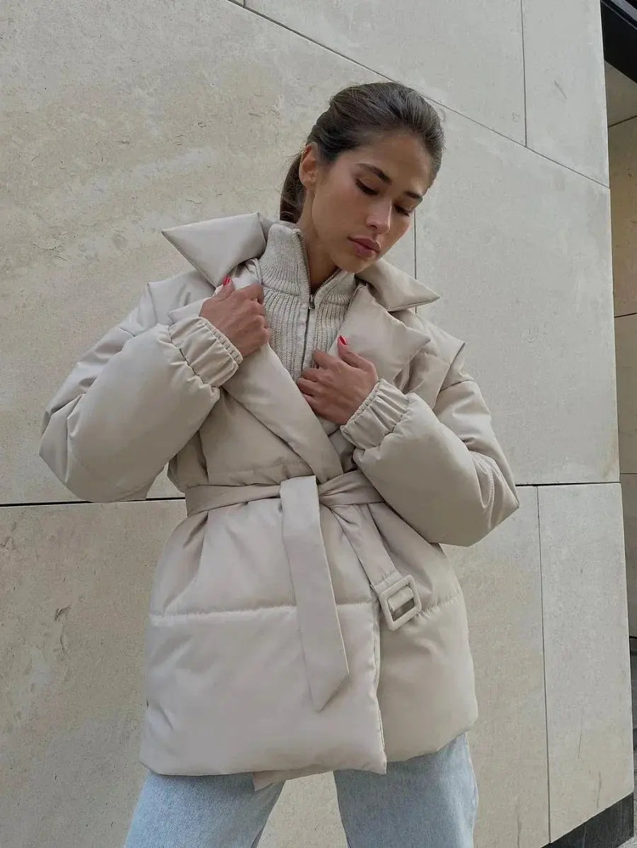 Women’s Belted Puffer Jacket with Shawl Collar