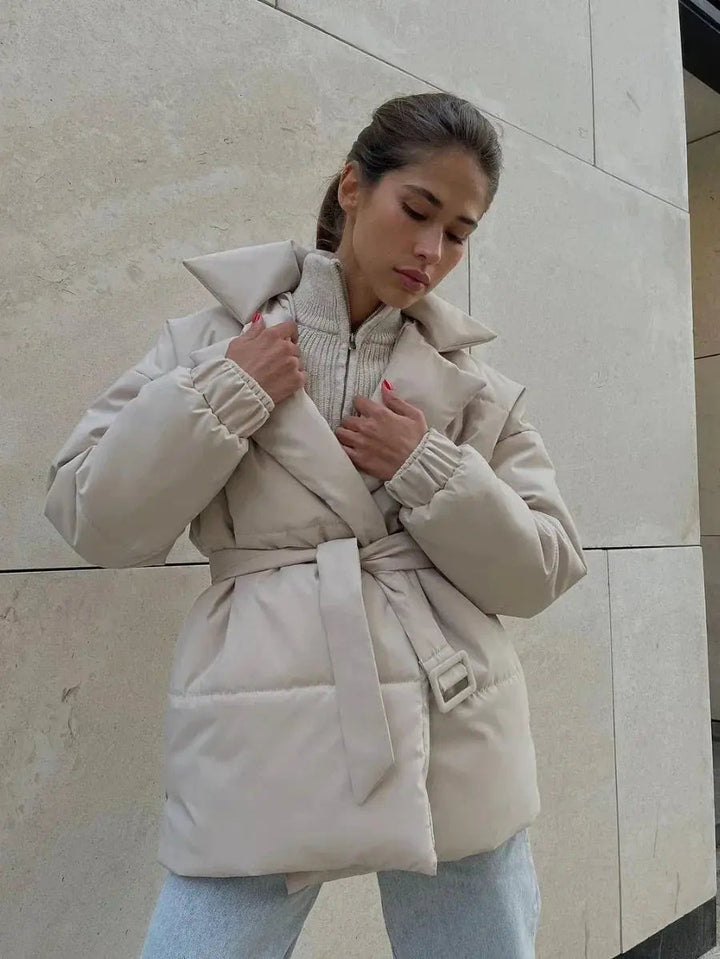 Women’s Belted Puffer Jacket with Shawl Collar