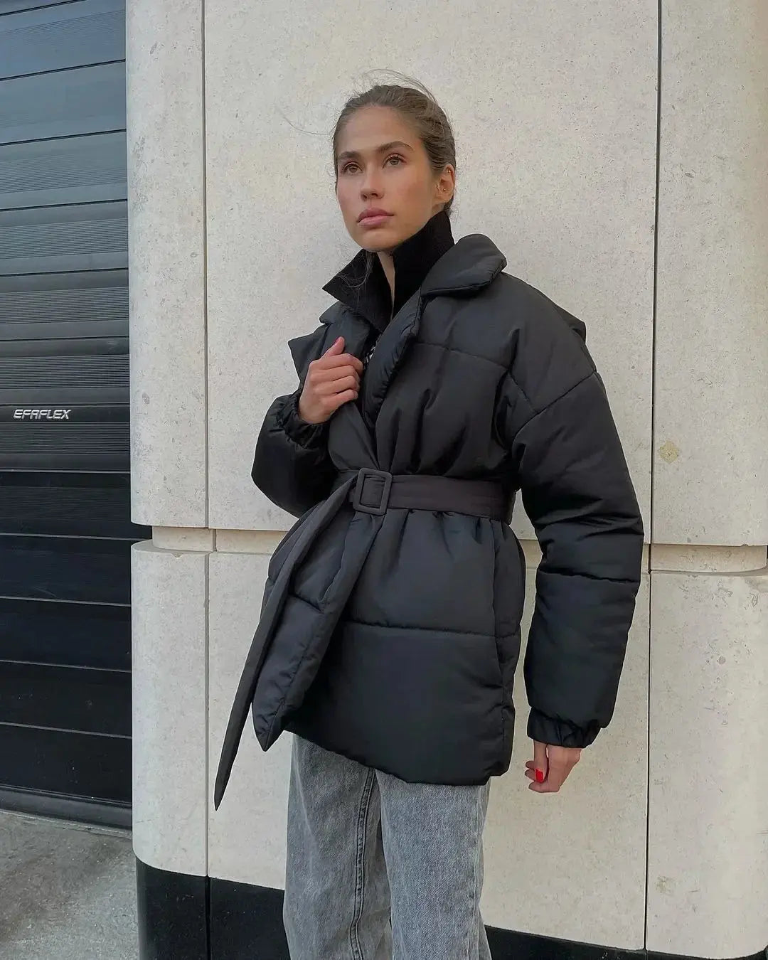 Women’s Belted Puffer Jacket with Shawl Collar