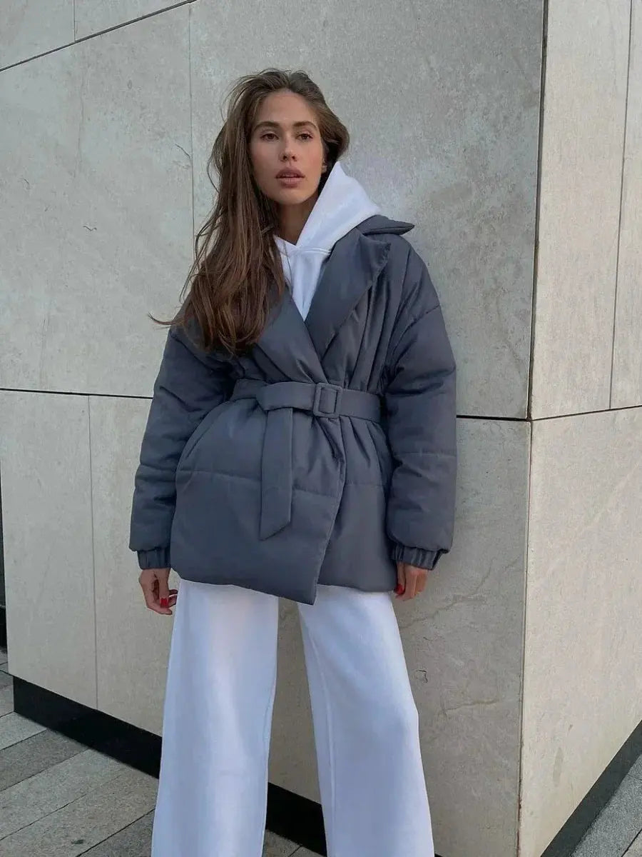 Women’s Belted Puffer Jacket with Shawl Collar