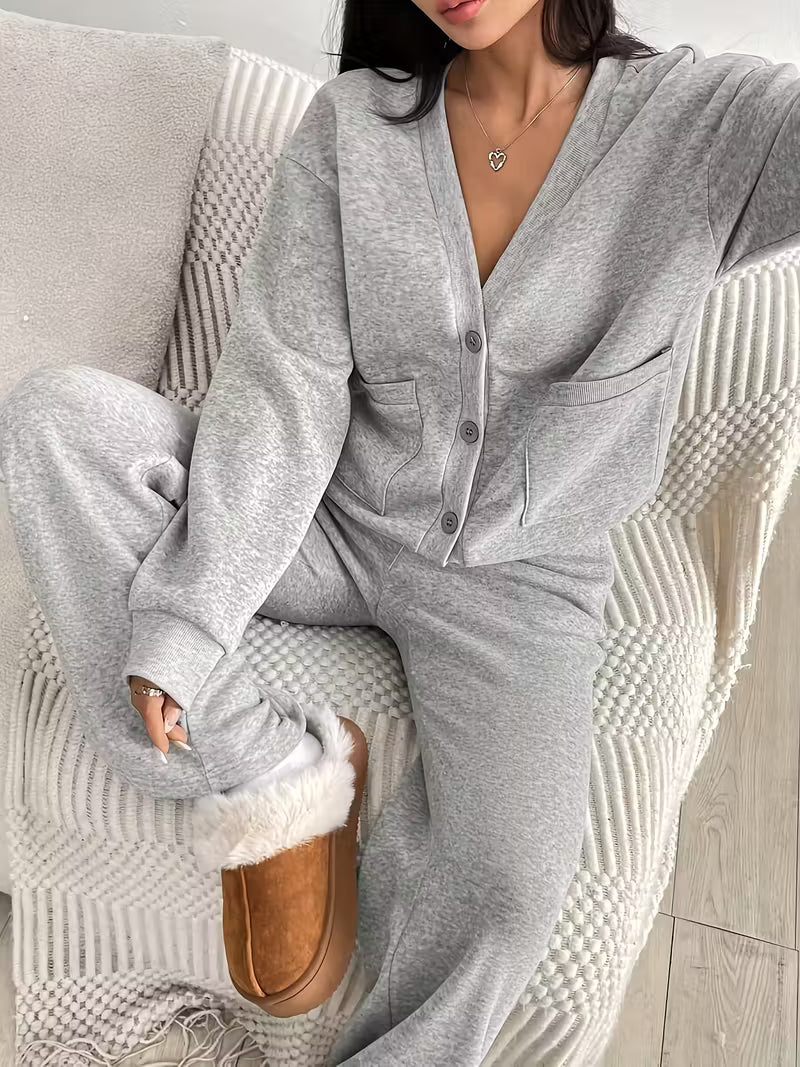 Women’s Button Front Cardigan and Wide Leg Trousers Set