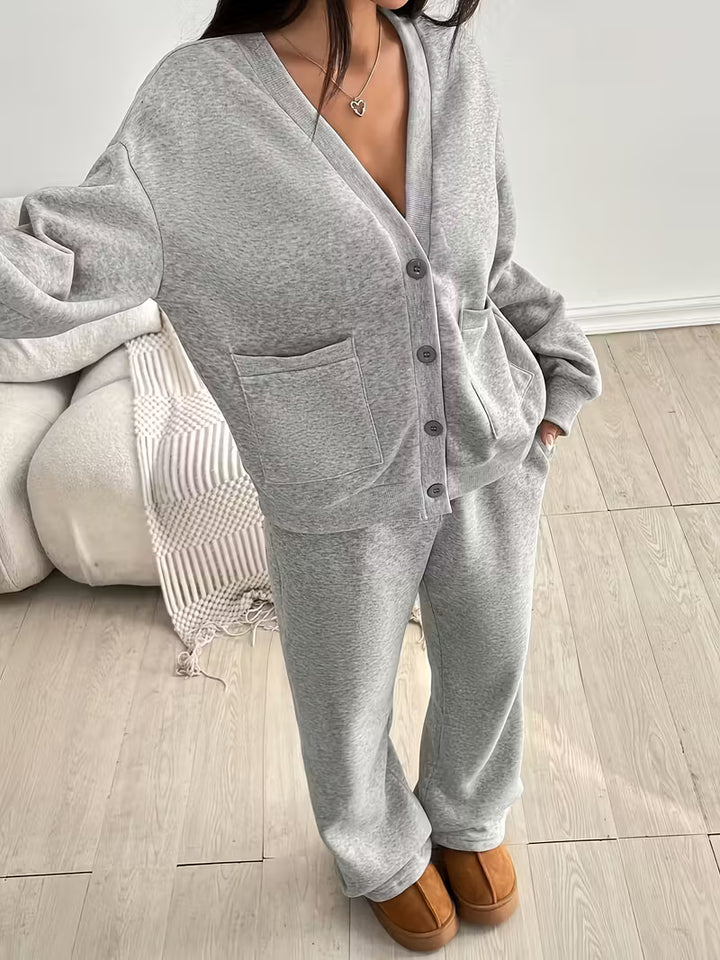 Women’s Button Front Cardigan and Wide Leg Trousers Set