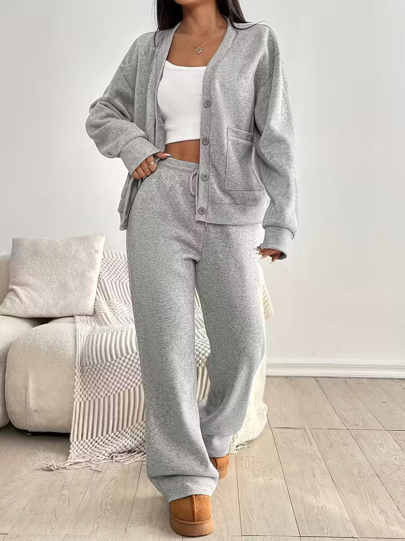 Women’s Button Front Cardigan and Wide Leg Trousers Set