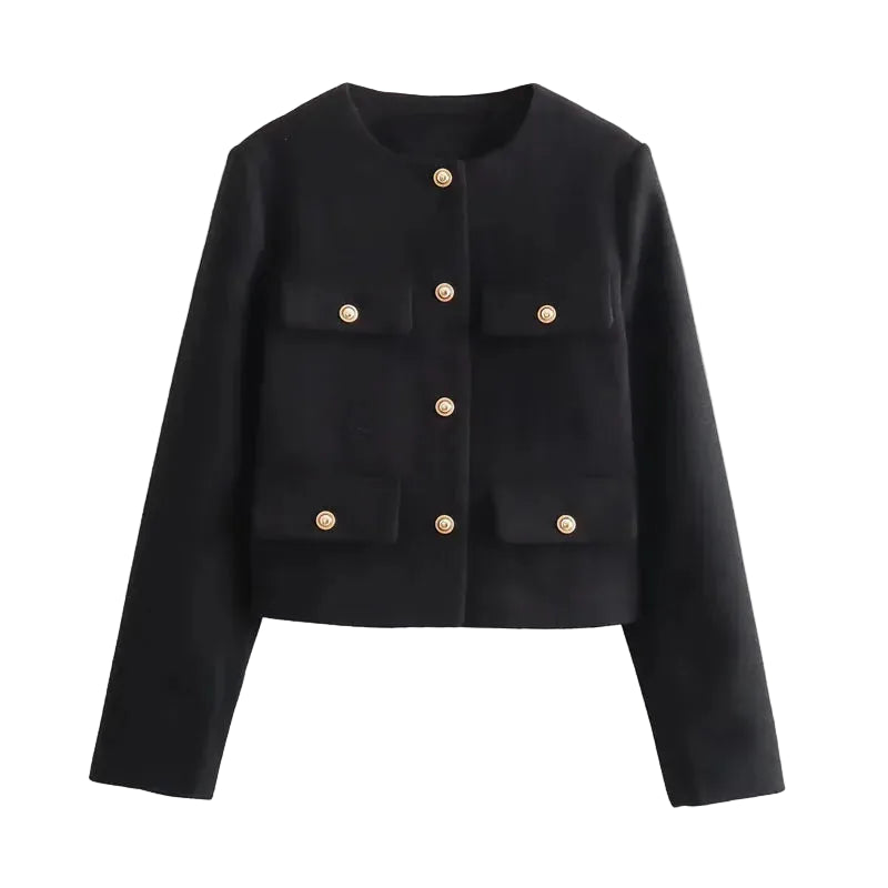 Women’s Button-Front Jacket with Round Neck and Front Pockets