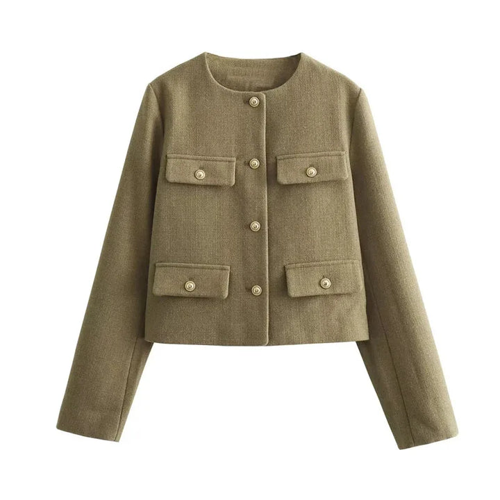 Women’s Button-Front Jacket with Round Neck and Front Pockets