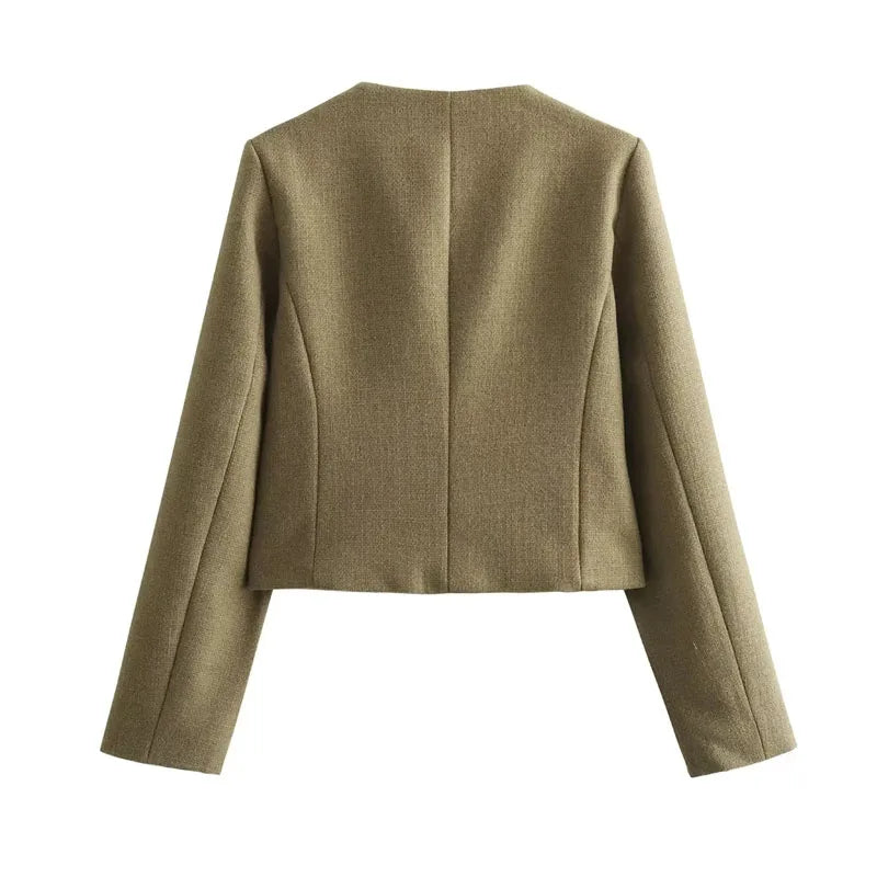 Women’s Button-Front Jacket with Round Neck and Front Pockets