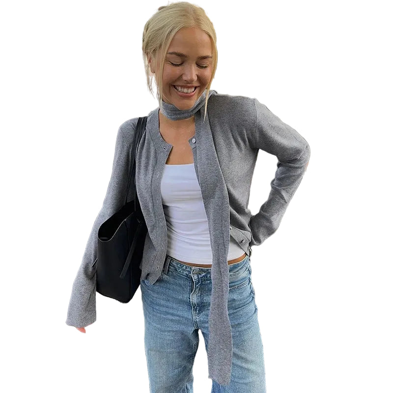 Women’s Button Front Knit Cardigan with Neck Scarf