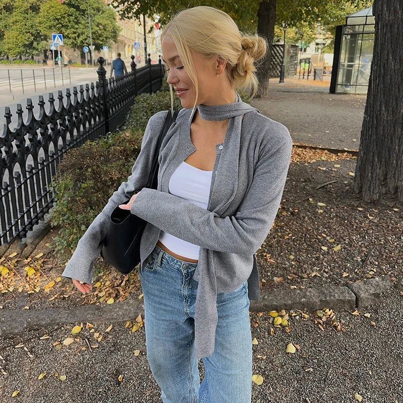 Women’s Button Front Knit Cardigan with Neck Scarf