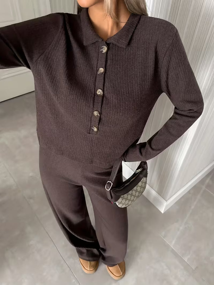Women’s Button Front Long Sleeve Top and Wide Leg Trousers Set