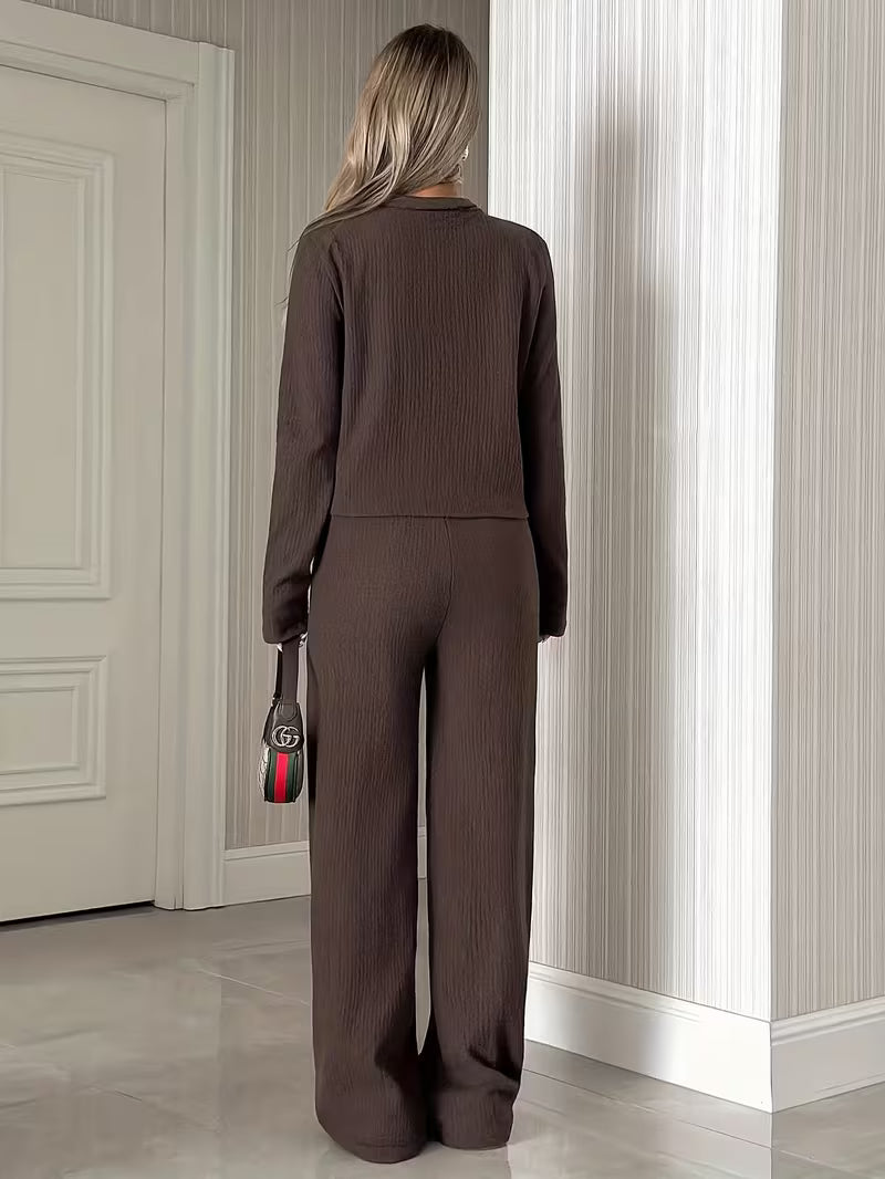 Women’s Button Front Long Sleeve Top and Wide Leg Trousers Set