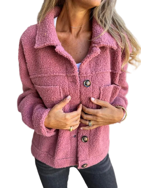 Women’s Button Front Teddy Jacket with Collar