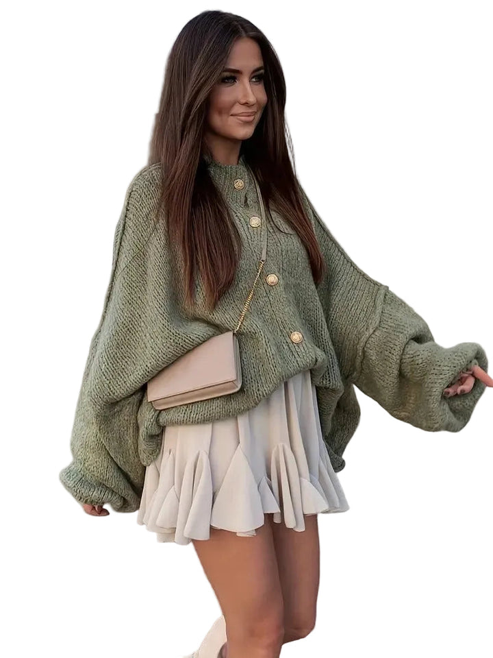 Women’s Cardigan with High Ribbed Collar and Button Closure